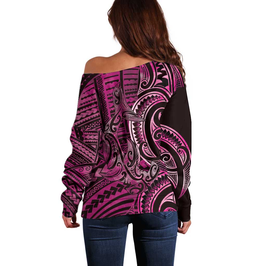 New Zealand Hammerhead Shark Off Shoulder Sweater Maori Haehae Mangopare Pink - Vibe Hoodie