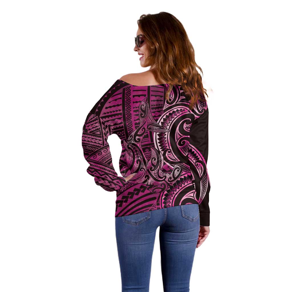 New Zealand Hammerhead Shark Off Shoulder Sweater Maori Haehae Mangopare Pink - Vibe Hoodie