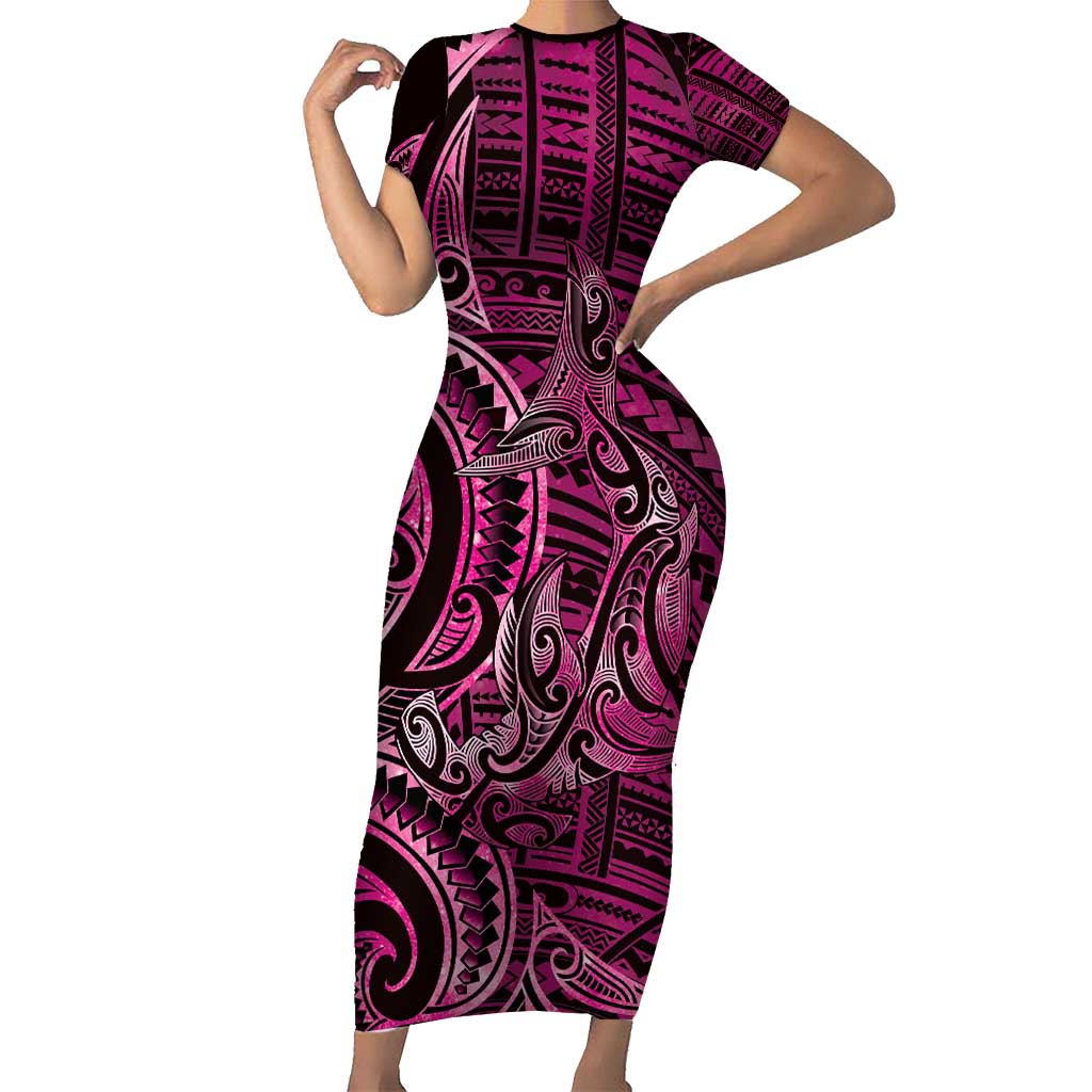 New Zealand Hammerhead Shark Short Sleeve Bodycon Dress Maori Haehae Mangopare Pink - Vibe Hoodie