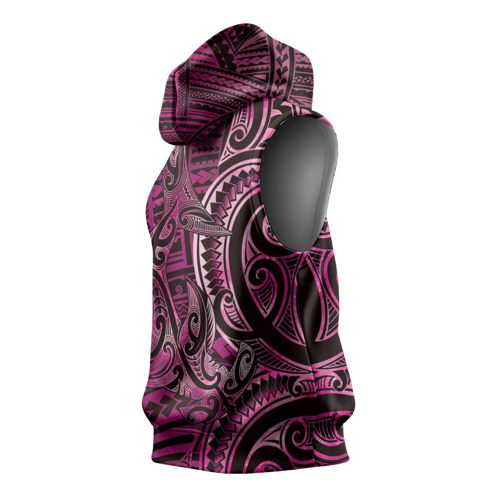 New Zealand Hammerhead Shark Sleeveless Hoodie Maori Haehae Mangopare Pink - Vibe Hoodie