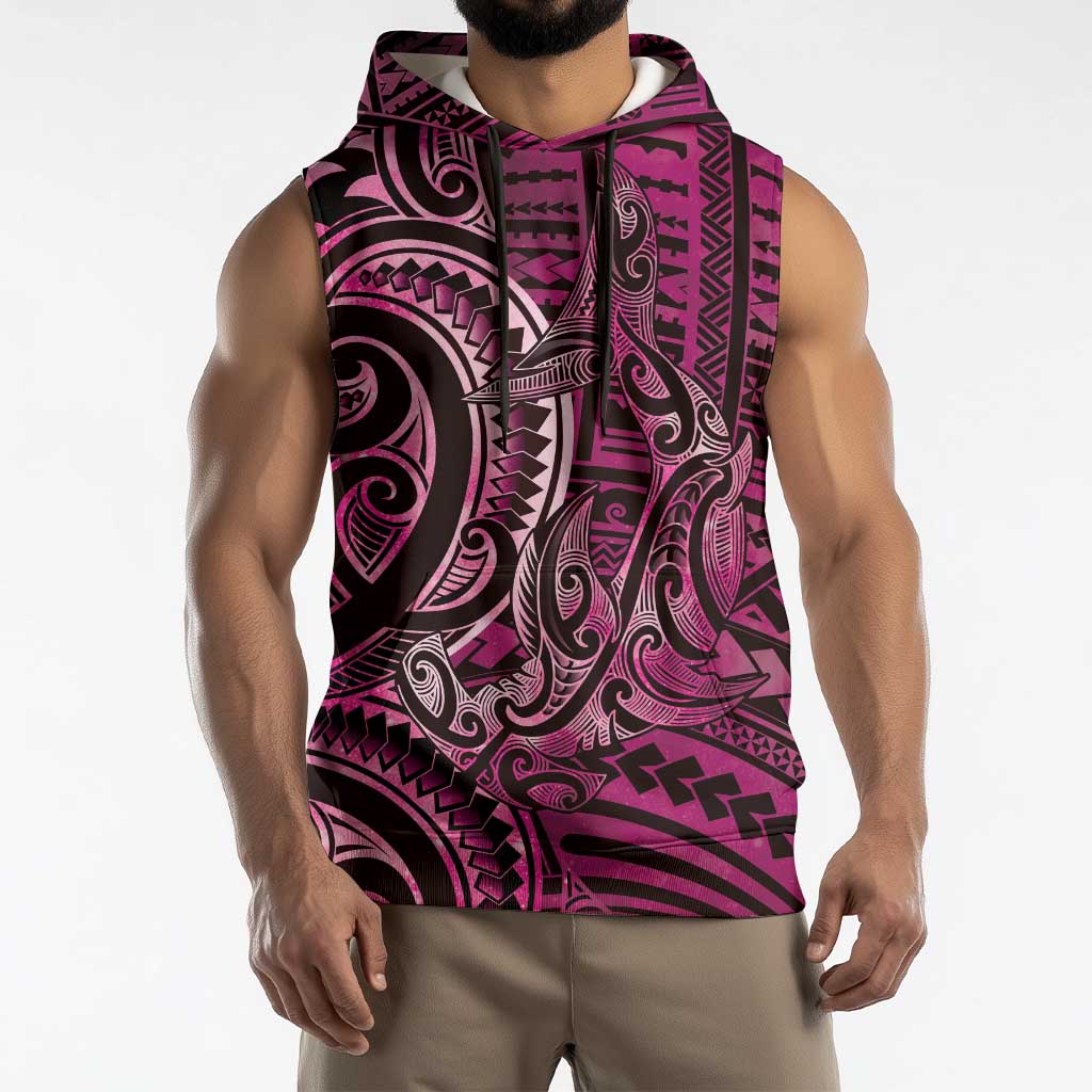 New Zealand Hammerhead Shark Sleeveless Hoodie Maori Haehae Mangopare Pink - Vibe Hoodie