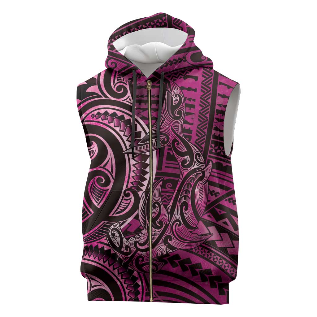 New Zealand Hammerhead Shark Sleeveless Zip Hoodie Maori Haehae Mangopare Pink - Vibe Hoodie