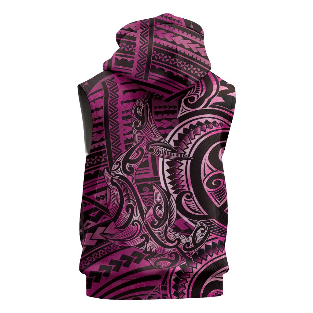 New Zealand Hammerhead Shark Sleeveless Zip Hoodie Maori Haehae Mangopare Pink - Vibe Hoodie