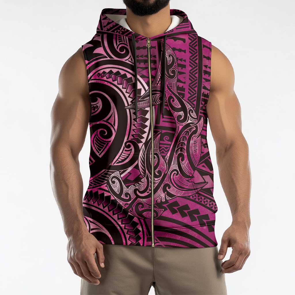 New Zealand Hammerhead Shark Sleeveless Zip Hoodie Maori Haehae Mangopare Pink - Vibe Hoodie