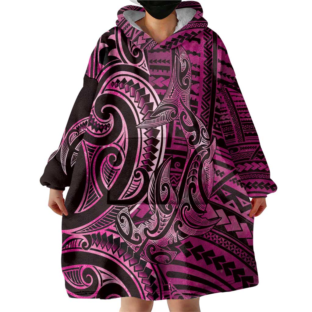 New Zealand Hammerhead Shark Wearable Blanket Hoodie Maori Haehae Mangopare Pink - Vibe Hoodie
