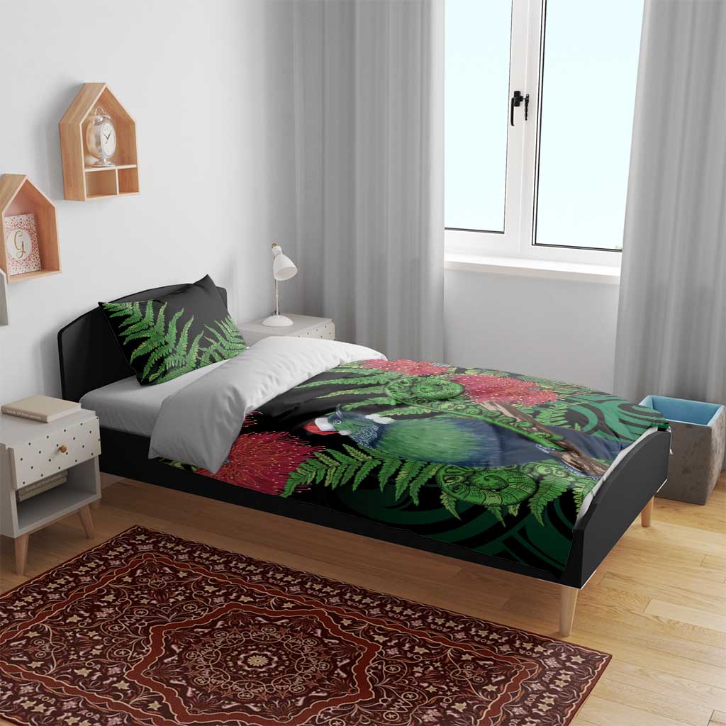 New Zealand Tui Bird Christmas Bedding Set Maori Fern Mix Pohotukawa - Vibe Hoodie Shop