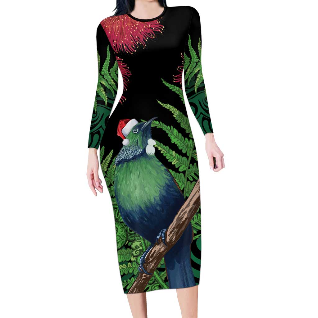 New Zealand Tui Bird Christmas Family Matching Long Sleeve Bodycon Dress and Hawaiian Shirt Maori Fern Mix Pohotukawa