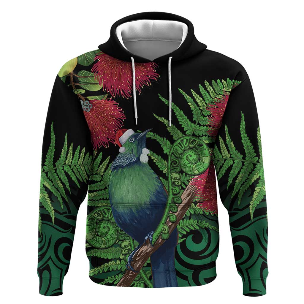 New Zealand Tui Bird Christmas Hoodie Maori Fern Mix Pohotukawa - Vibe Hoodie Shop