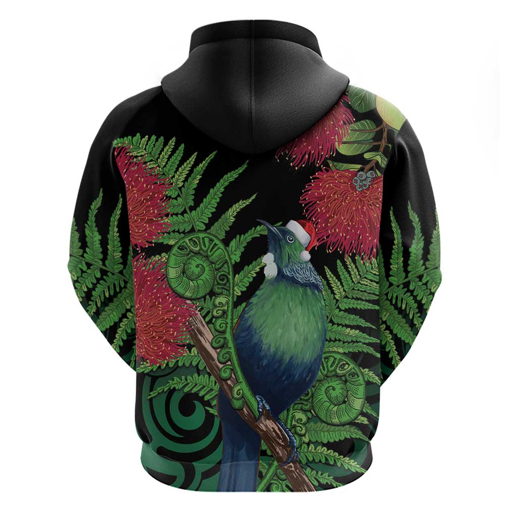 New Zealand Tui Bird Christmas Hoodie Maori Fern Mix Pohotukawa - Vibe Hoodie Shop