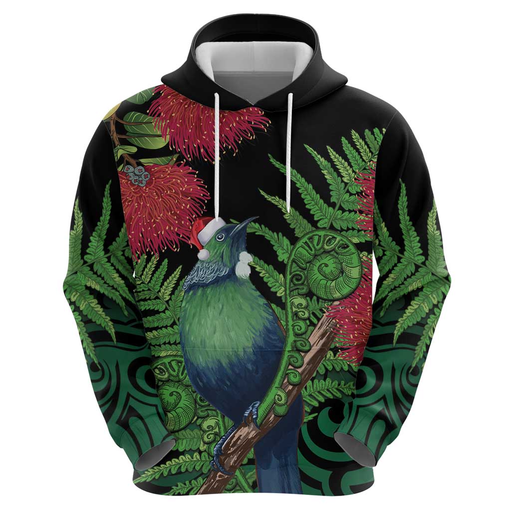 New Zealand Tui Bird Christmas Hoodie Maori Fern Mix Pohotukawa - Vibe Hoodie Shop