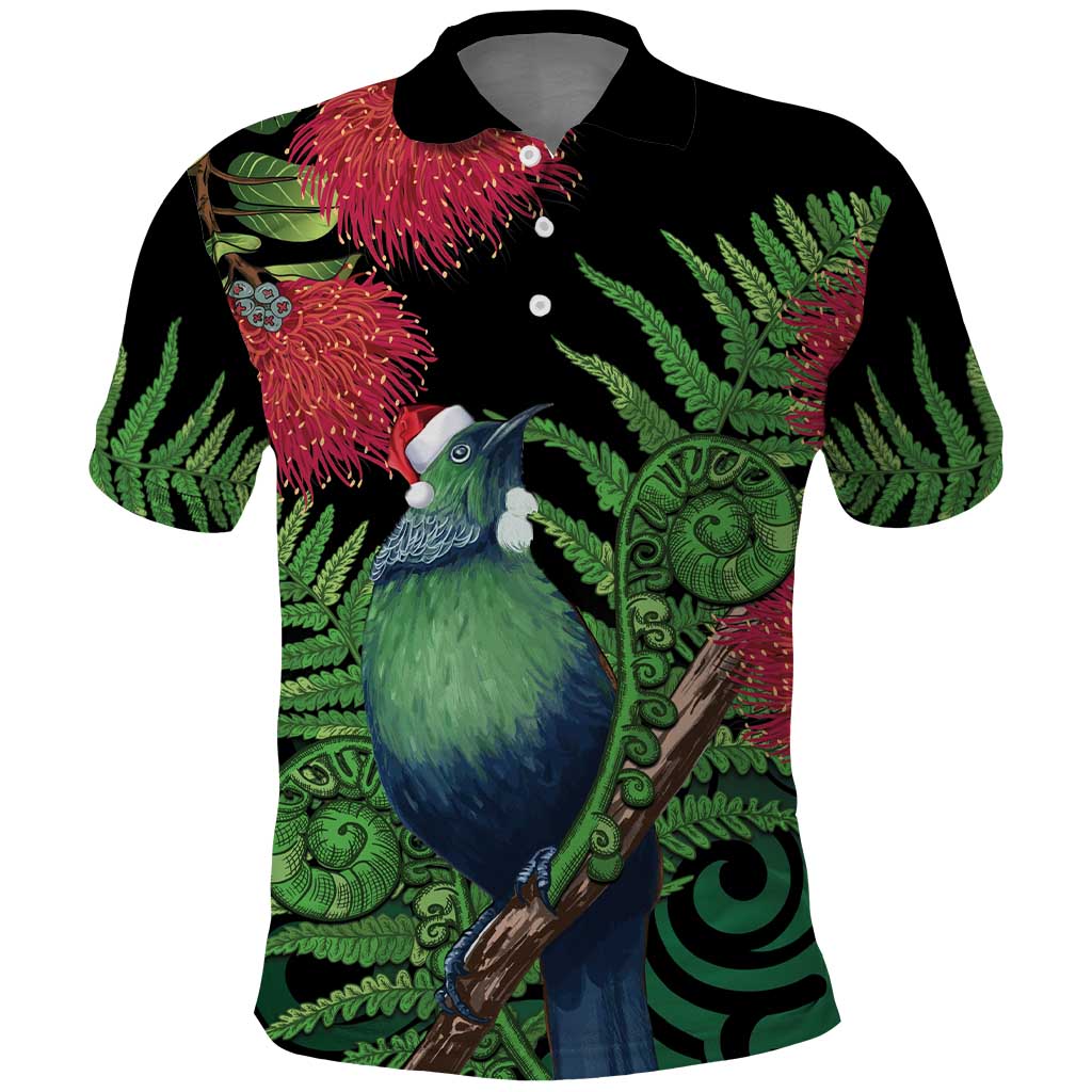 New Zealand Tui Bird Christmas Polo Shirt Maori Fern Mix Pohotukawa - Vibe Hoodie Shop