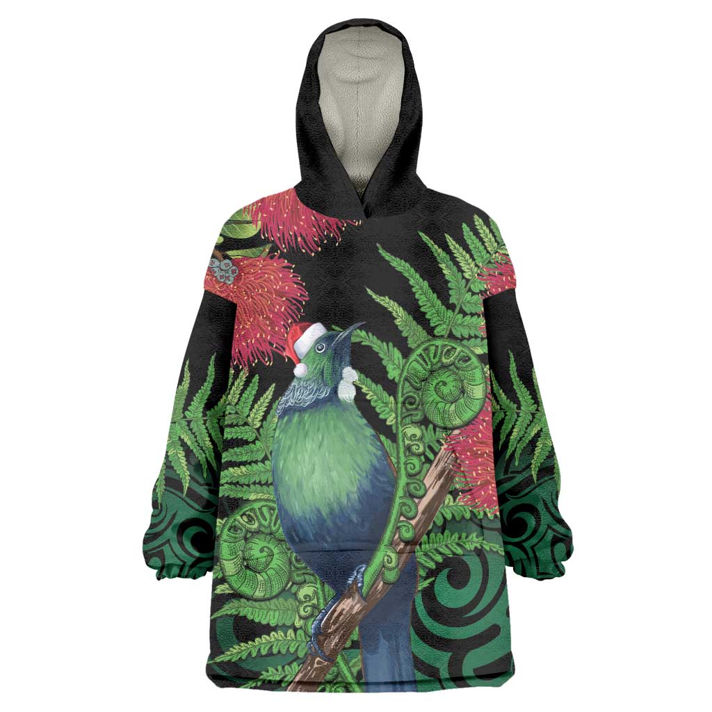 New Zealand Tui Bird Christmas Wearable Blanket Hoodie Maori Fern Mix Pohotukawa - Vibe Hoodie Shop