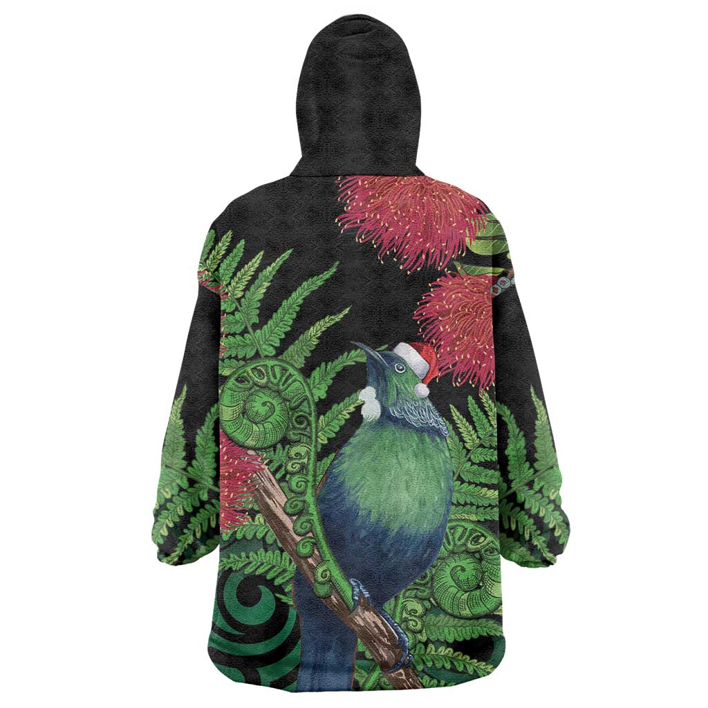 New Zealand Tui Bird Christmas Wearable Blanket Hoodie Maori Fern Mix Pohotukawa - Vibe Hoodie Shop