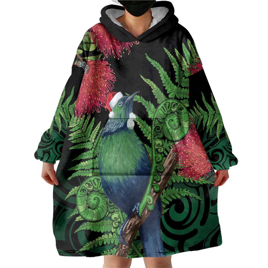 New Zealand Tui Bird Christmas Wearable Blanket Hoodie Maori Fern Mix Pohotukawa - Vibe Hoodie Shop