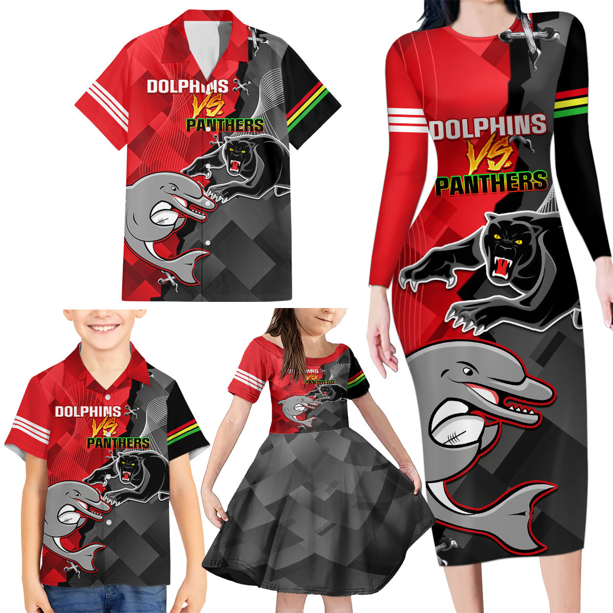 personalised-panthers-and-dolphins-family-matching-long-sleeve-bodycon-dress-and-hawaiian-shirt-sporty-version