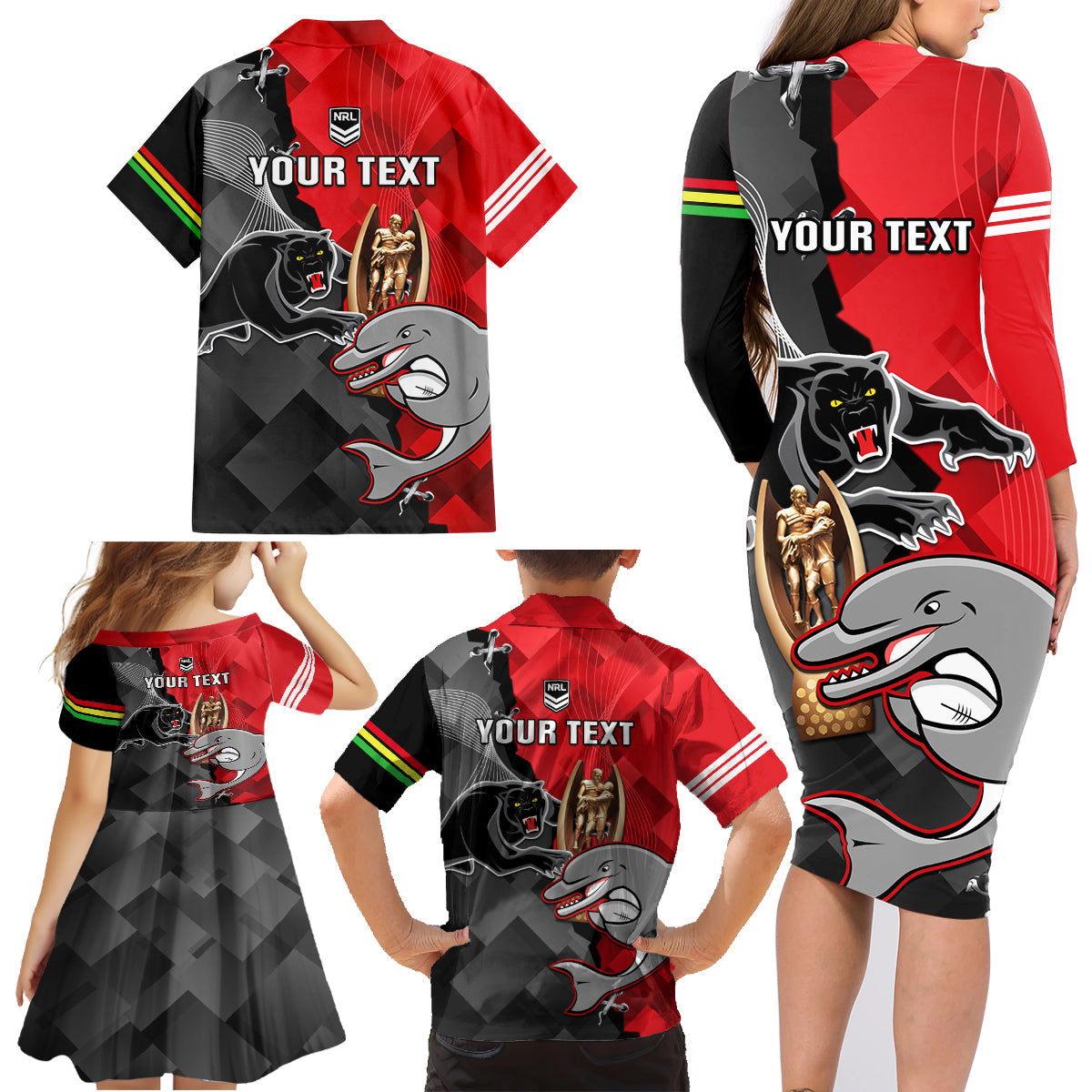 personalised-panthers-and-dolphins-family-matching-long-sleeve-bodycon-dress-and-hawaiian-shirt-sporty-version