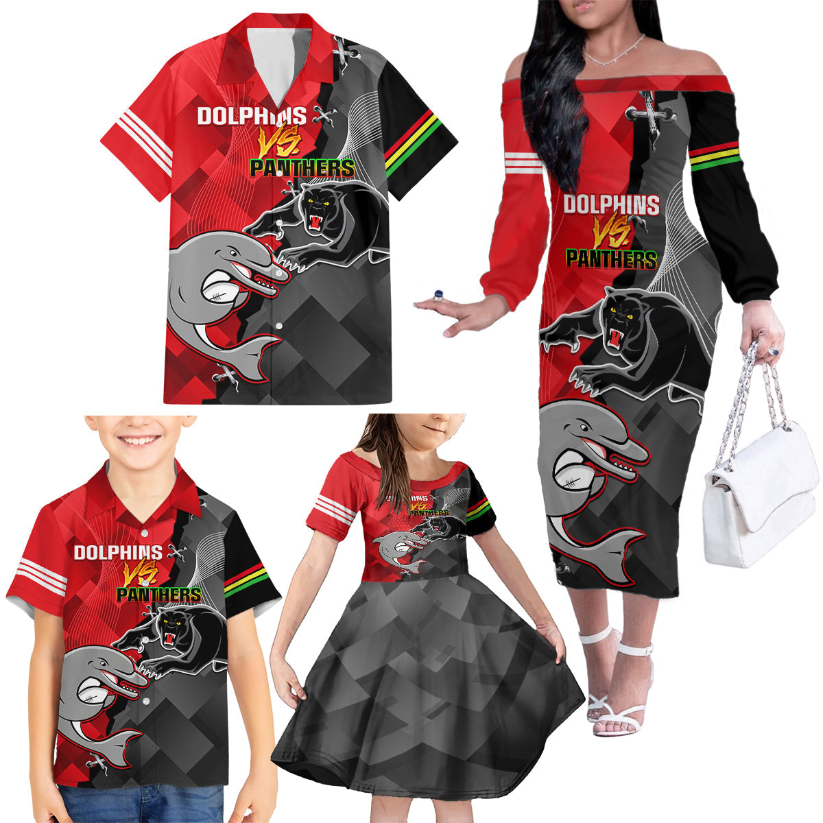 personalised-panthers-and-dolphins-family-matching-off-shoulder-long-sleeve-dress-and-hawaiian-shirt-sporty-version