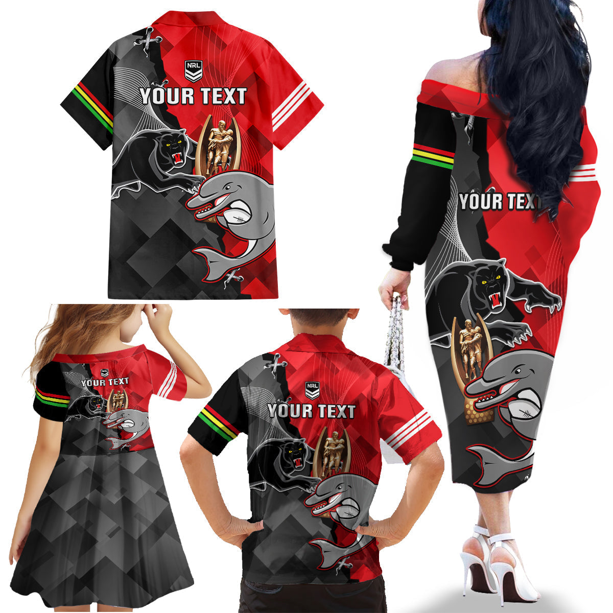 personalised-panthers-and-dolphins-family-matching-off-shoulder-long-sleeve-dress-and-hawaiian-shirt-sporty-version
