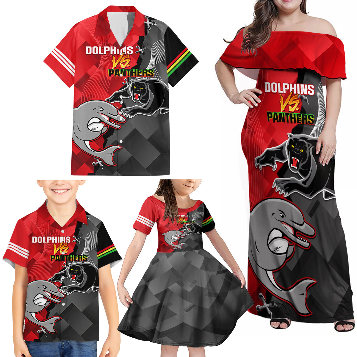personalised-panthers-and-dolphins-family-matching-off-shoulder-maxi-dress-and-hawaiian-shirt-sporty-version