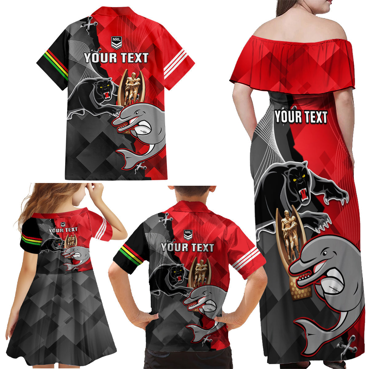 personalised-panthers-and-dolphins-family-matching-off-shoulder-maxi-dress-and-hawaiian-shirt-sporty-version