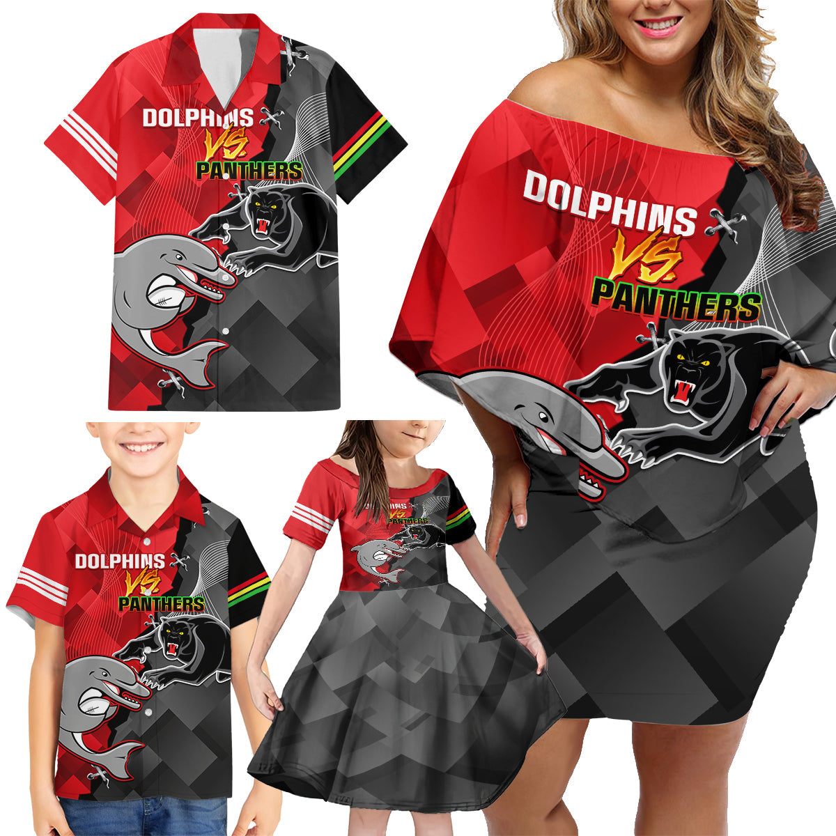 personalised-panthers-and-dolphins-family-matching-off-shoulder-short-dress-and-hawaiian-shirt-sporty-version