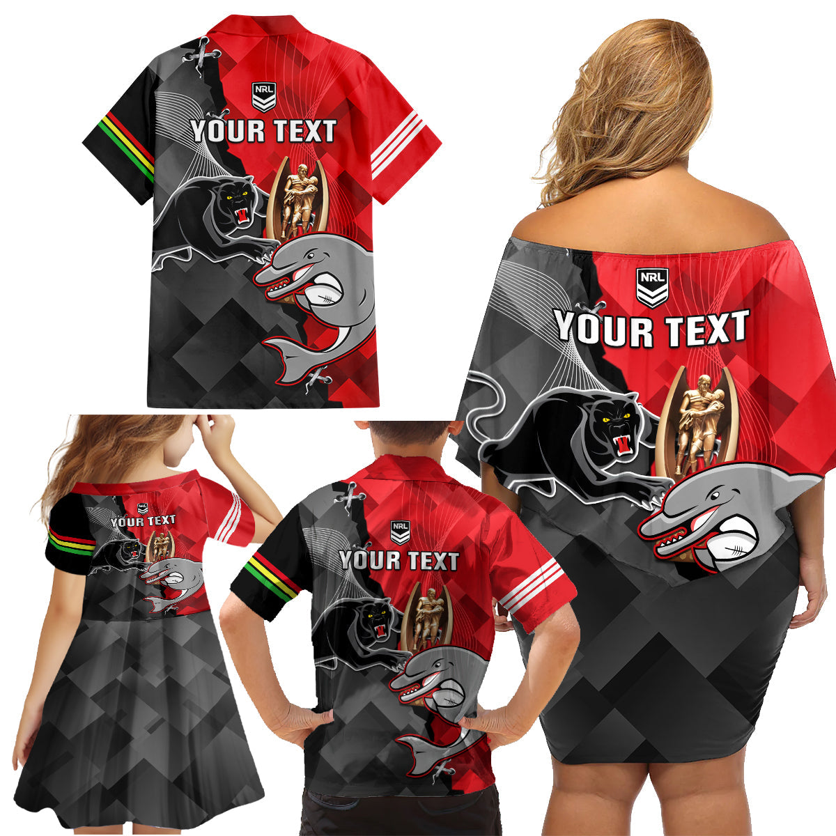 personalised-panthers-and-dolphins-family-matching-off-shoulder-short-dress-and-hawaiian-shirt-sporty-version