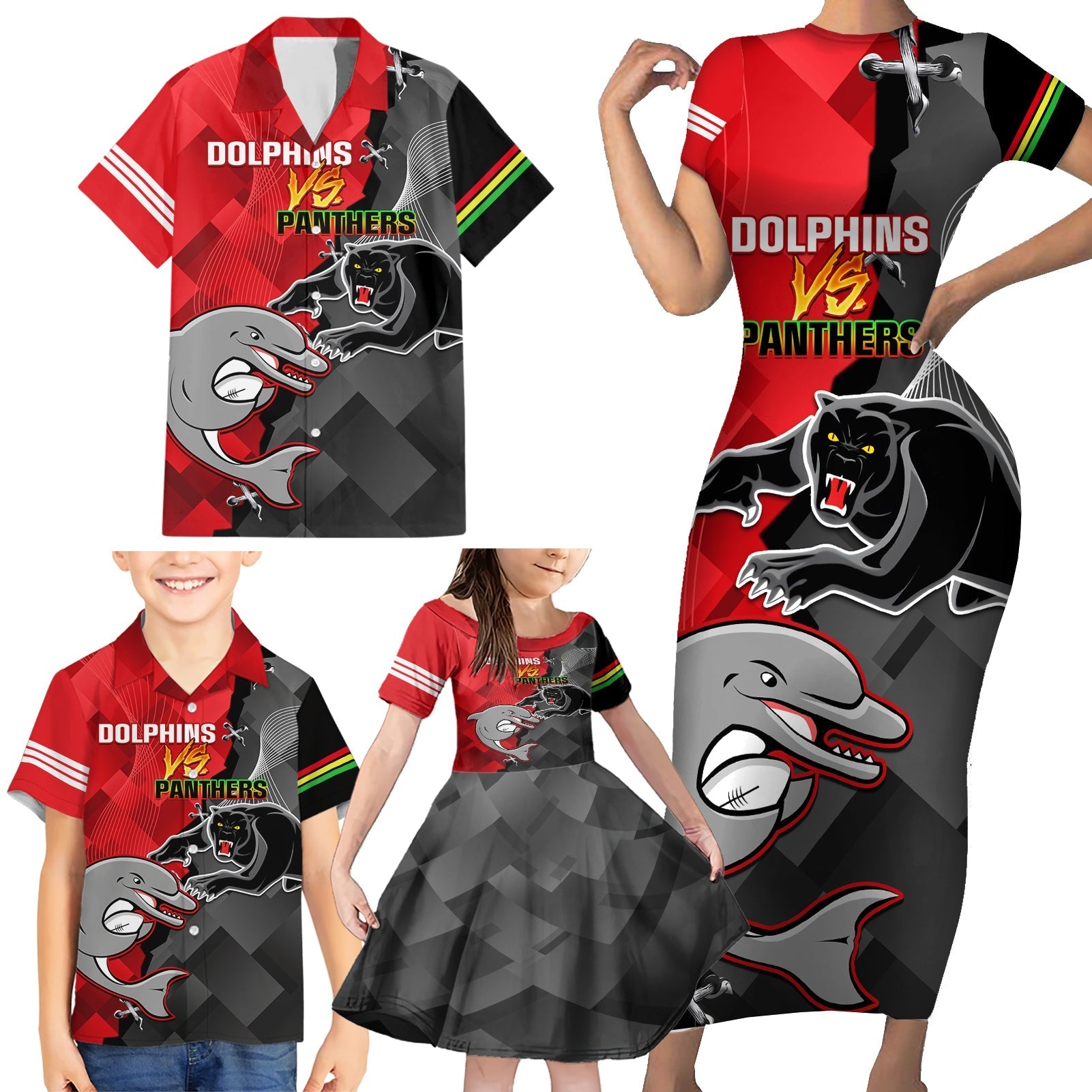 personalised-panthers-and-dolphins-family-matching-short-sleeve-bodycon-dress-and-hawaiian-shirt-sporty-version