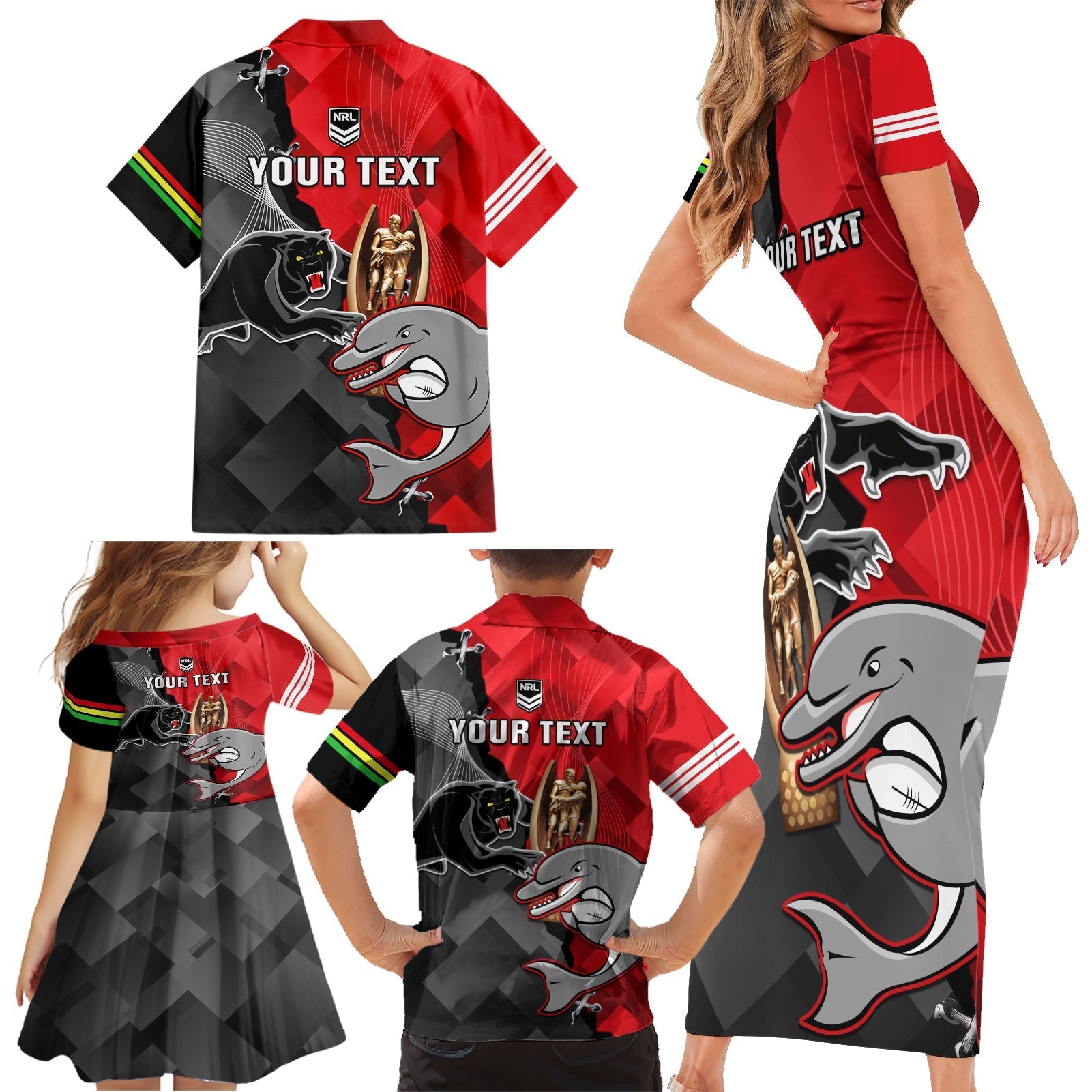 personalised-panthers-and-dolphins-family-matching-short-sleeve-bodycon-dress-and-hawaiian-shirt-sporty-version