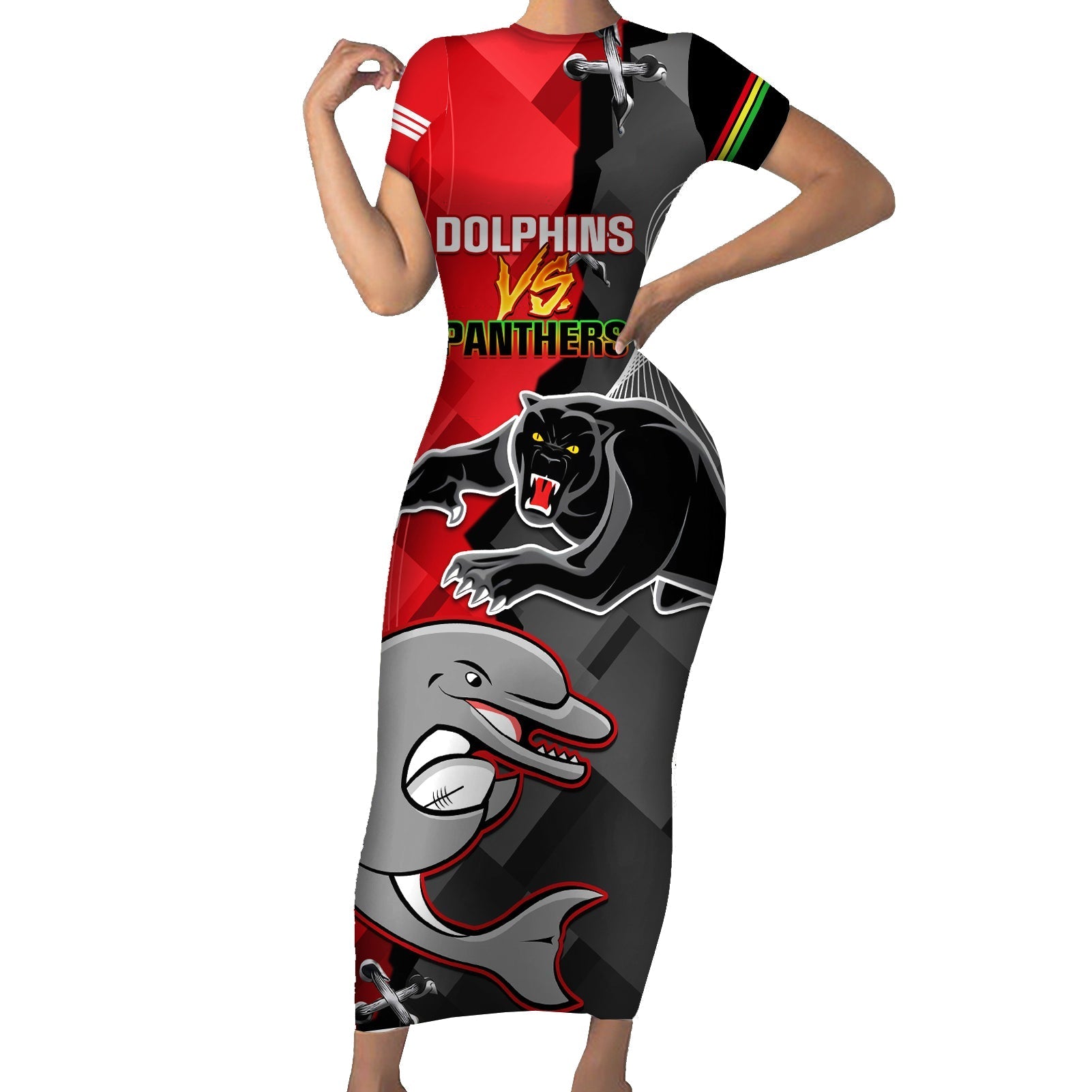 personalised-panthers-and-dolphins-short-sleeve-bodycon-dress-sporty-version