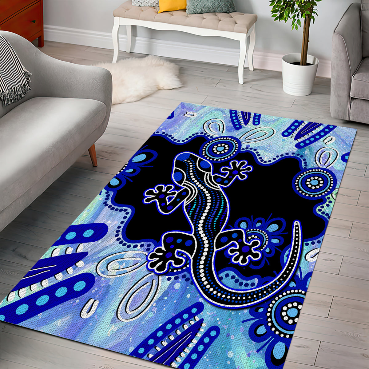 Australia Area Rug Aussie Opal Pattern With Lizard Aboriginal Art - Turquoise - Vibe Hoodie Shop