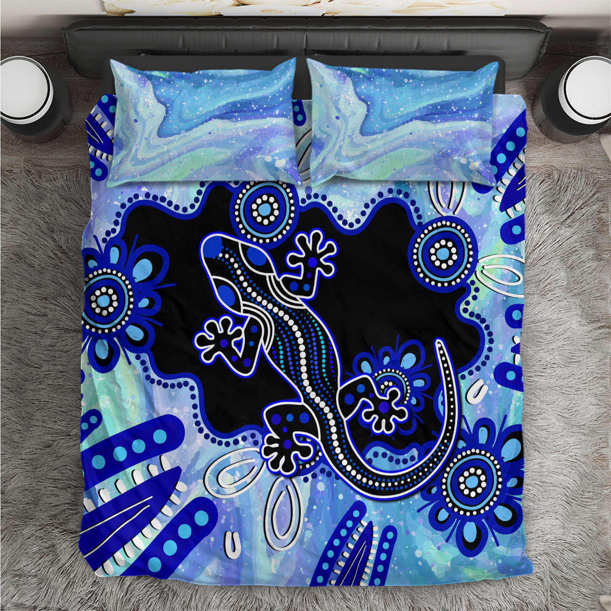 Australia Bedding Set Aussie Opal Pattern With Lizard Aboriginal Art - Turquoise - Vibe Hoodie Shop