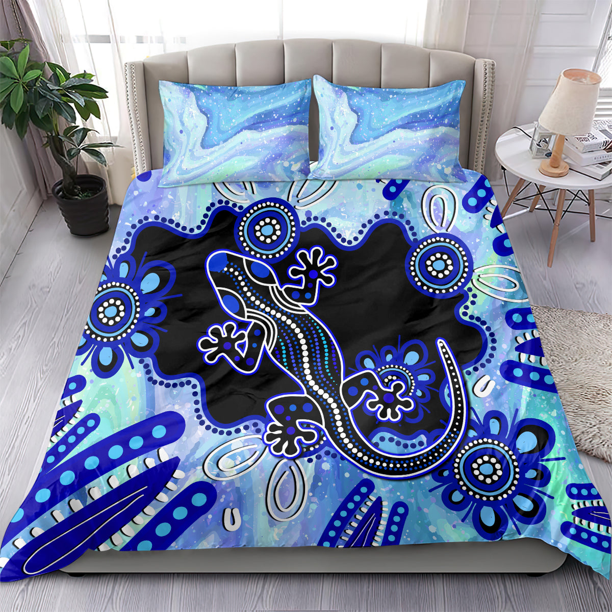 Australia Bedding Set Aussie Opal Pattern With Lizard Aboriginal Art - Turquoise - Vibe Hoodie Shop