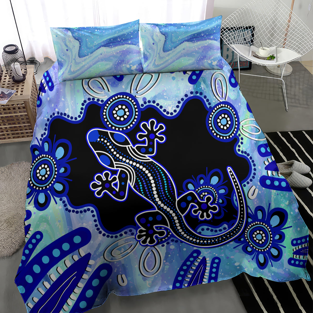 Australia Bedding Set Aussie Opal Pattern With Lizard Aboriginal Art - Turquoise - Vibe Hoodie Shop