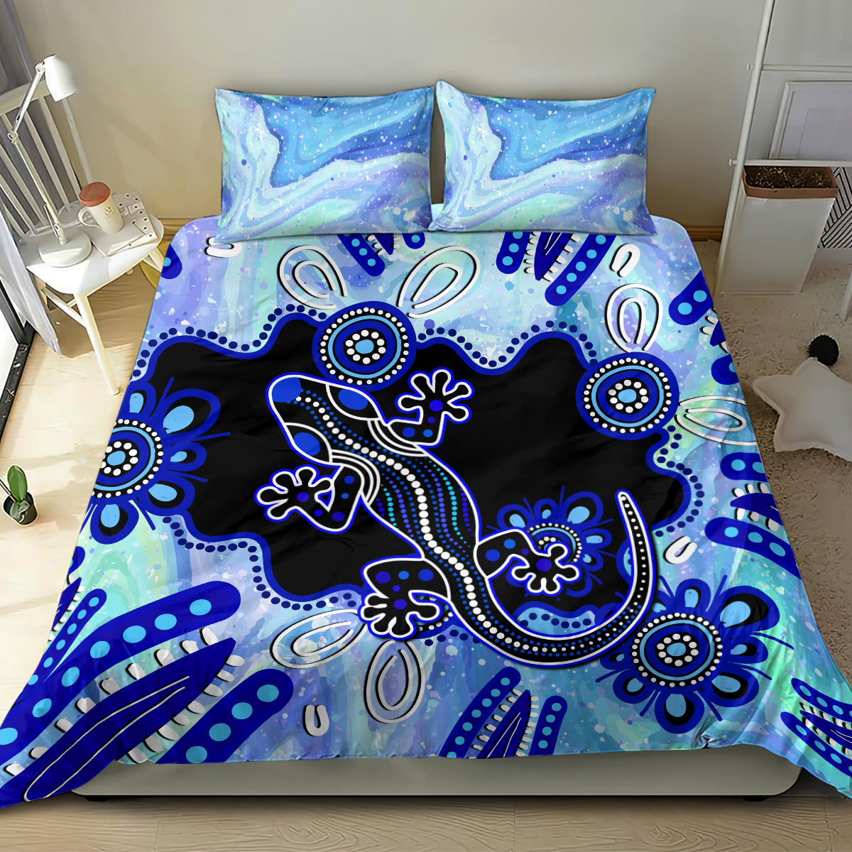 Australia Bedding Set Aussie Opal Pattern With Lizard Aboriginal Art - Turquoise - Vibe Hoodie Shop