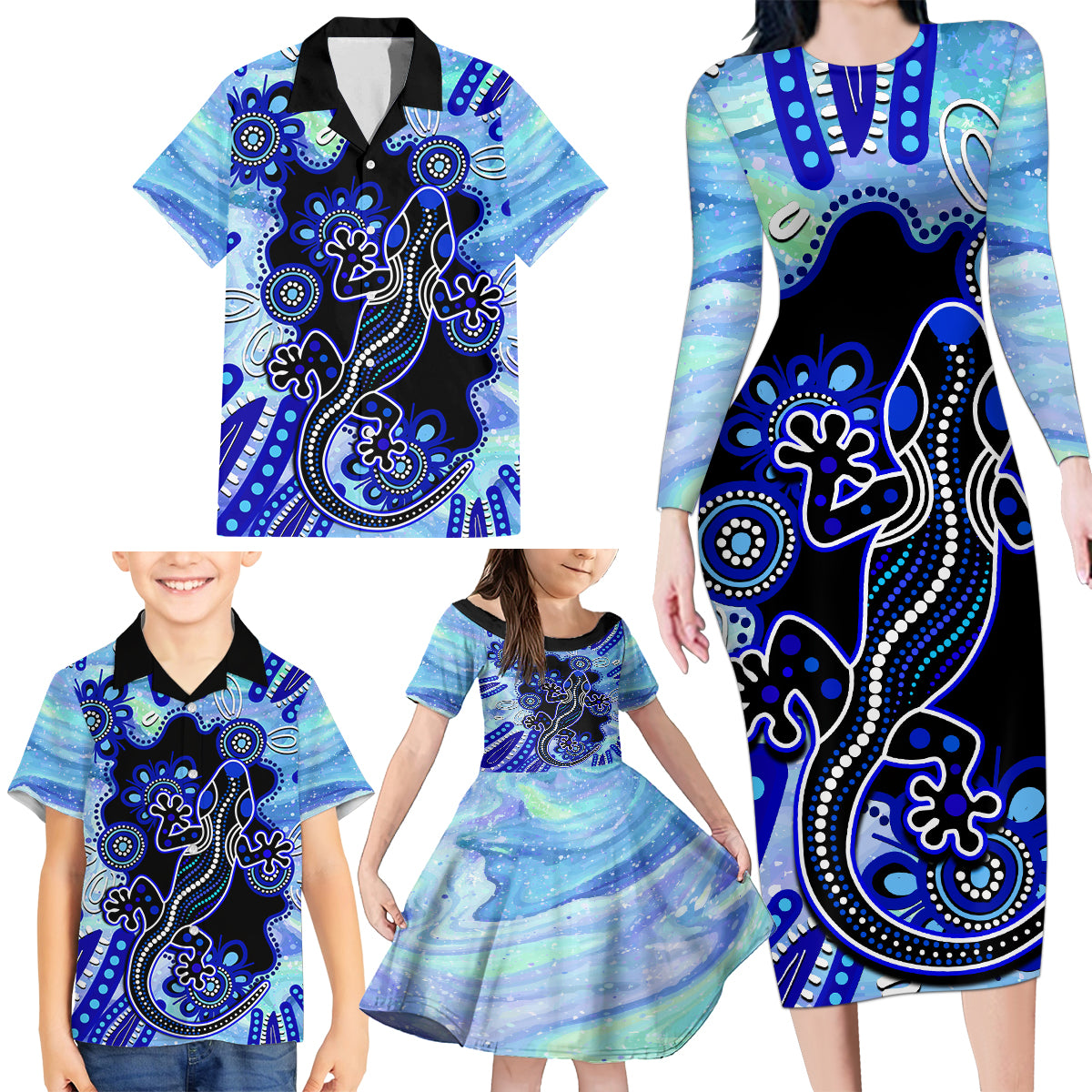 australia-family-matching-long-sleeve-bodycon-dress-and-hawaiian-shirt-aussie-opal-pattern-with-lizard-aboriginal-art-turquoise