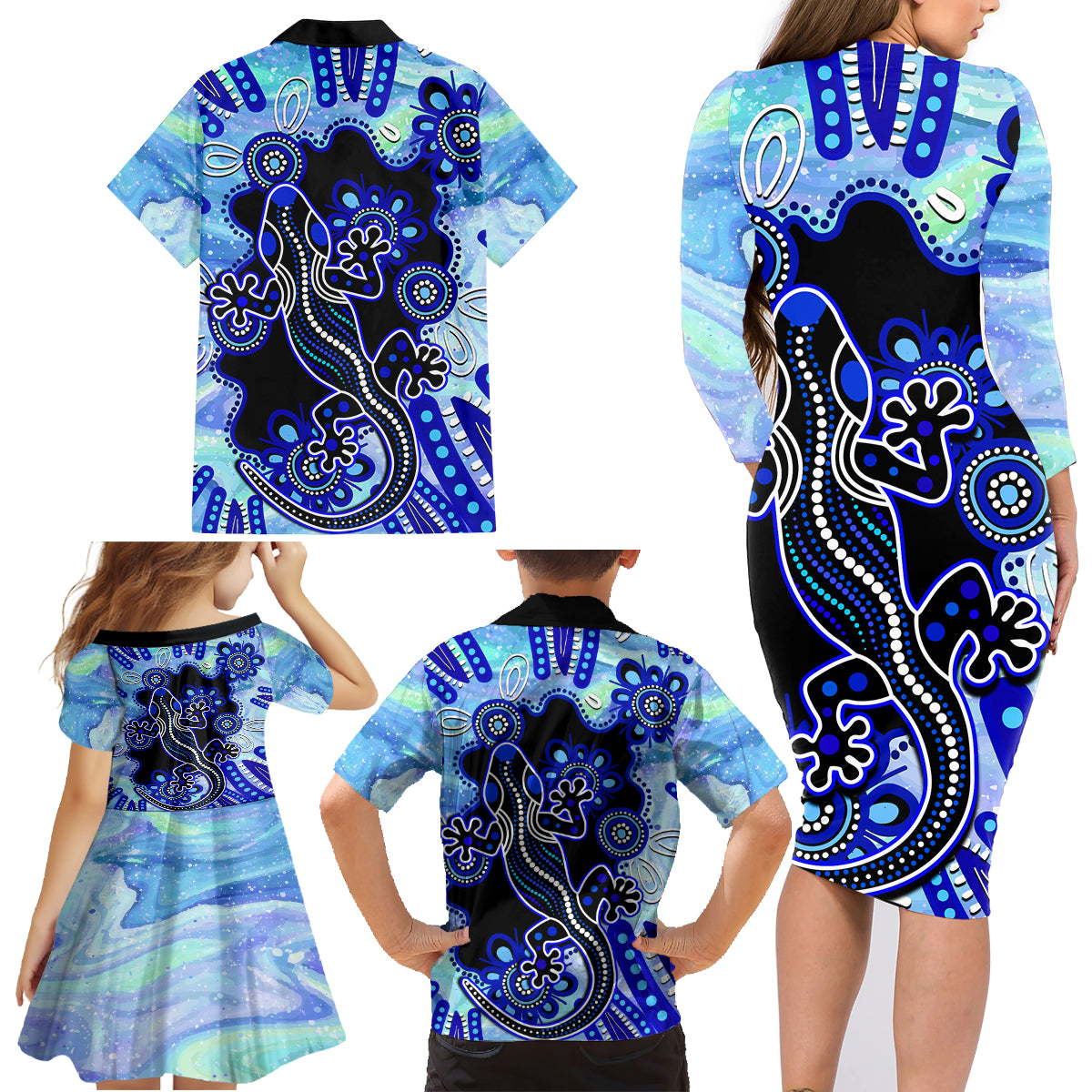 australia-family-matching-long-sleeve-bodycon-dress-and-hawaiian-shirt-aussie-opal-pattern-with-lizard-aboriginal-art-turquoise