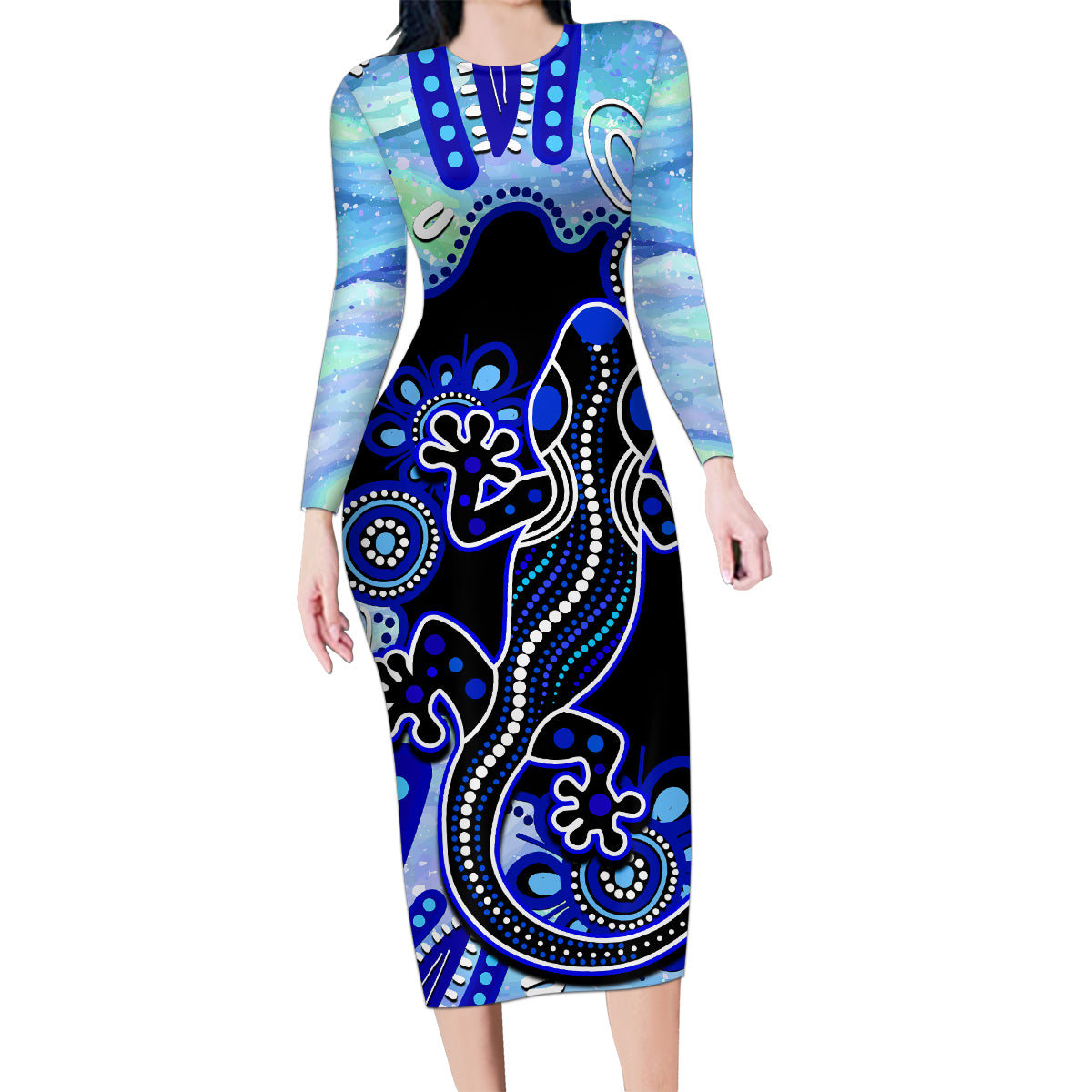 australia-family-matching-long-sleeve-bodycon-dress-and-hawaiian-shirt-aussie-opal-pattern-with-lizard-aboriginal-art-turquoise