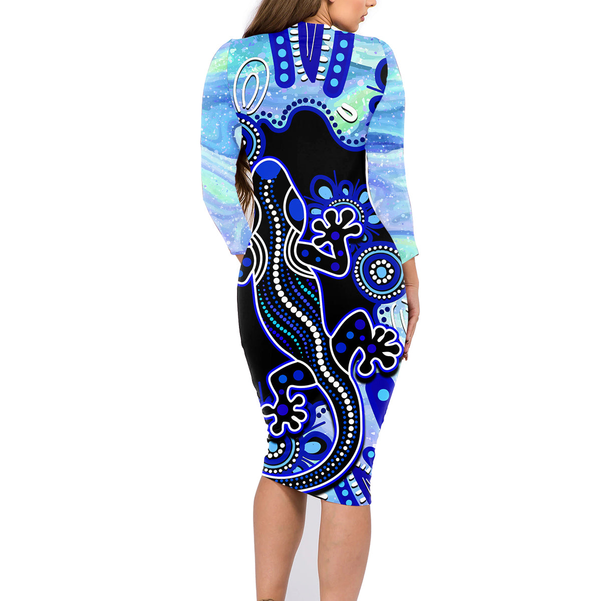 australia-family-matching-long-sleeve-bodycon-dress-and-hawaiian-shirt-aussie-opal-pattern-with-lizard-aboriginal-art-turquoise