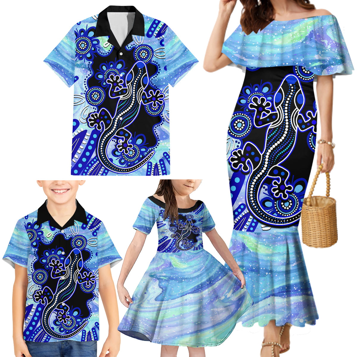 australia-family-matching-mermaid-dress-and-hawaiian-shirt-aussie-opal-pattern-with-lizard-aboriginal-art-turquoise