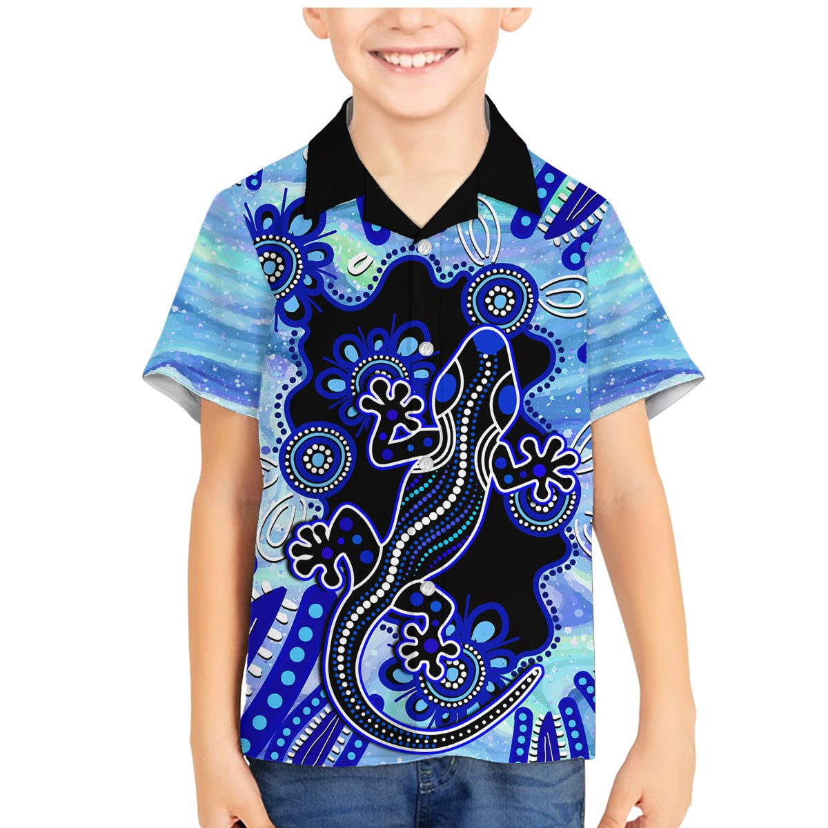 australia-family-matching-mermaid-dress-and-hawaiian-shirt-aussie-opal-pattern-with-lizard-aboriginal-art-turquoise