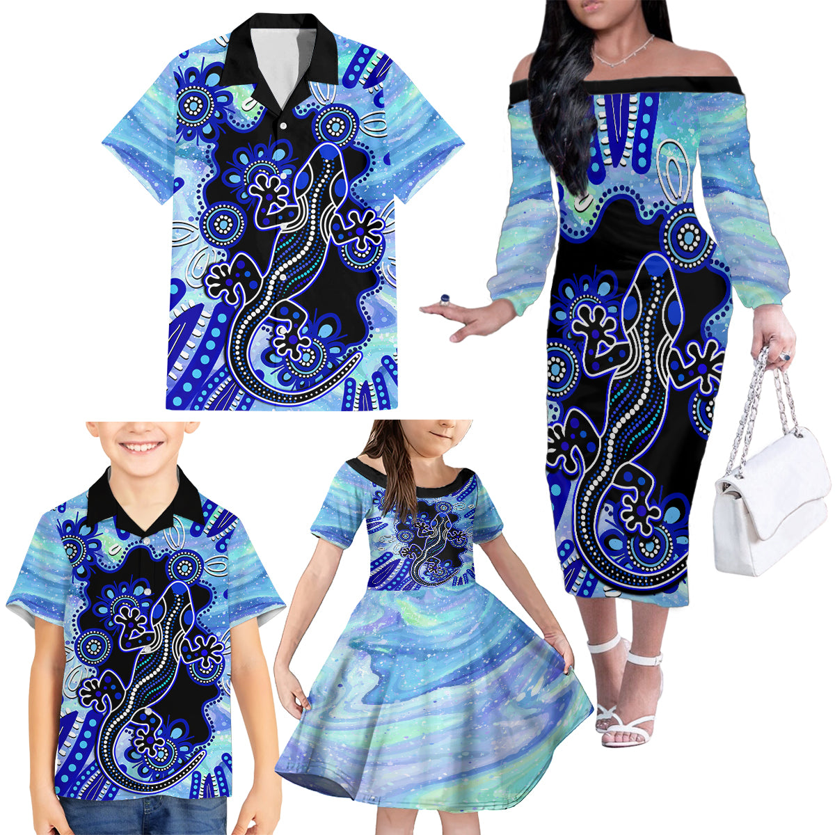 australia-family-matching-off-shoulder-long-sleeve-dress-and-hawaiian-shirt-aussie-opal-pattern-with-lizard-aboriginal-art-turquoise