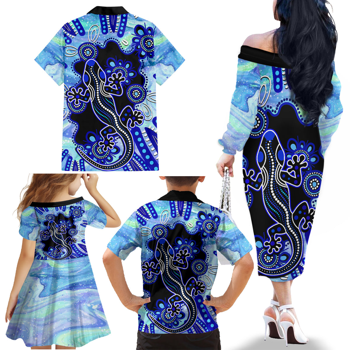 australia-family-matching-off-shoulder-long-sleeve-dress-and-hawaiian-shirt-aussie-opal-pattern-with-lizard-aboriginal-art-turquoise