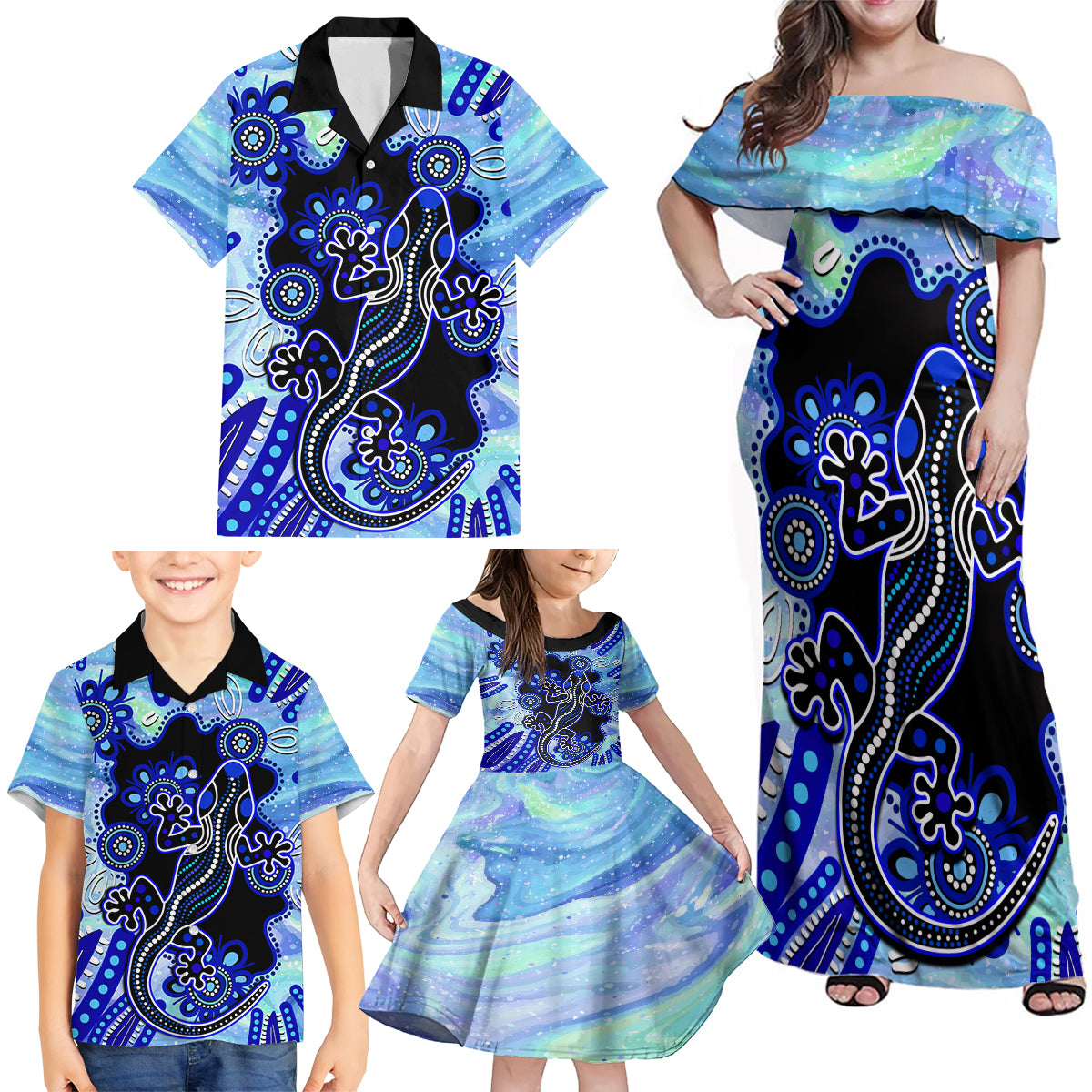 australia-family-matching-off-shoulder-maxi-dress-and-hawaiian-shirt-aussie-opal-pattern-with-lizard-aboriginal-art-turquoise