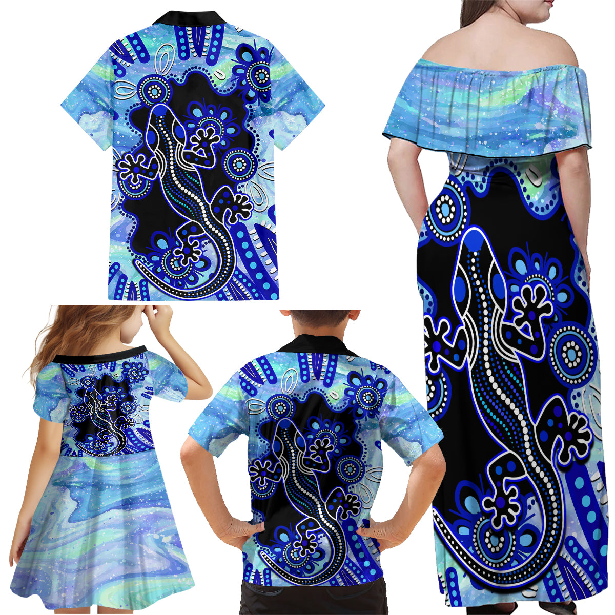 australia-family-matching-off-shoulder-maxi-dress-and-hawaiian-shirt-aussie-opal-pattern-with-lizard-aboriginal-art-turquoise