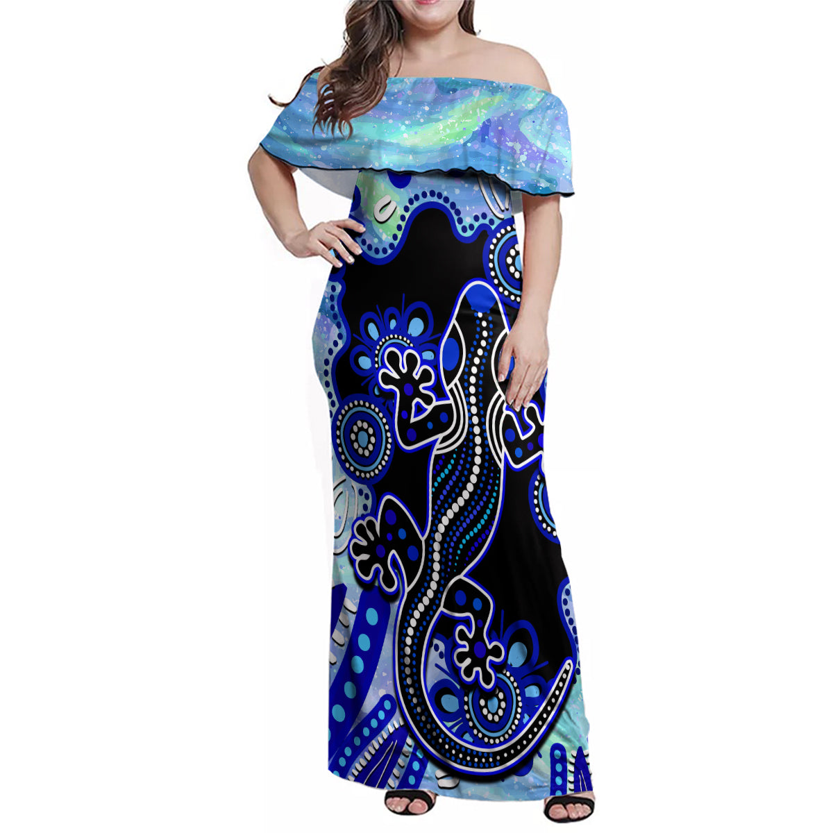 australia-family-matching-off-shoulder-maxi-dress-and-hawaiian-shirt-aussie-opal-pattern-with-lizard-aboriginal-art-turquoise