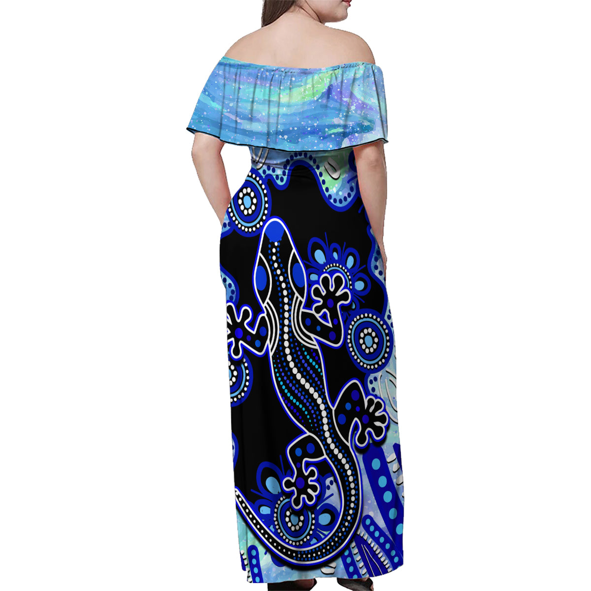 australia-family-matching-off-shoulder-maxi-dress-and-hawaiian-shirt-aussie-opal-pattern-with-lizard-aboriginal-art-turquoise