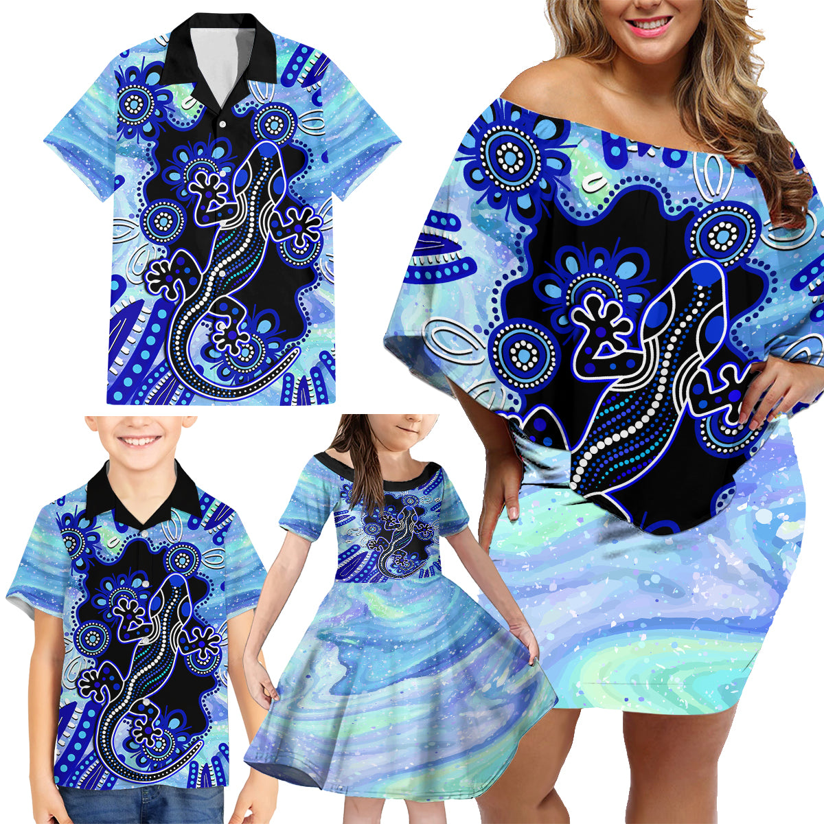 australia-family-matching-off-shoulder-short-dress-and-hawaiian-shirt-aussie-opal-pattern-with-lizard-aboriginal-art-turquoise