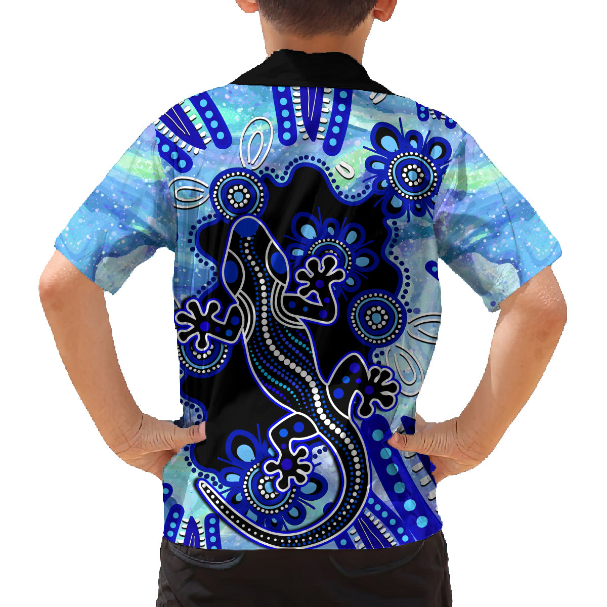 australia-family-matching-off-shoulder-short-dress-and-hawaiian-shirt-aussie-opal-pattern-with-lizard-aboriginal-art-turquoise