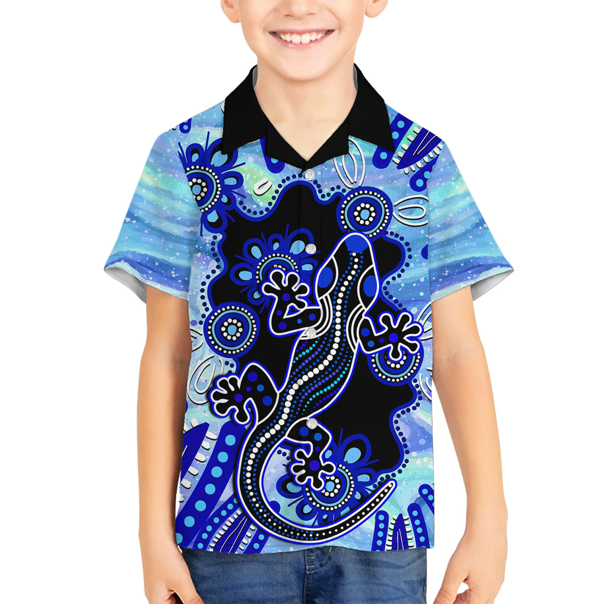 australia-family-matching-off-shoulder-short-dress-and-hawaiian-shirt-aussie-opal-pattern-with-lizard-aboriginal-art-turquoise