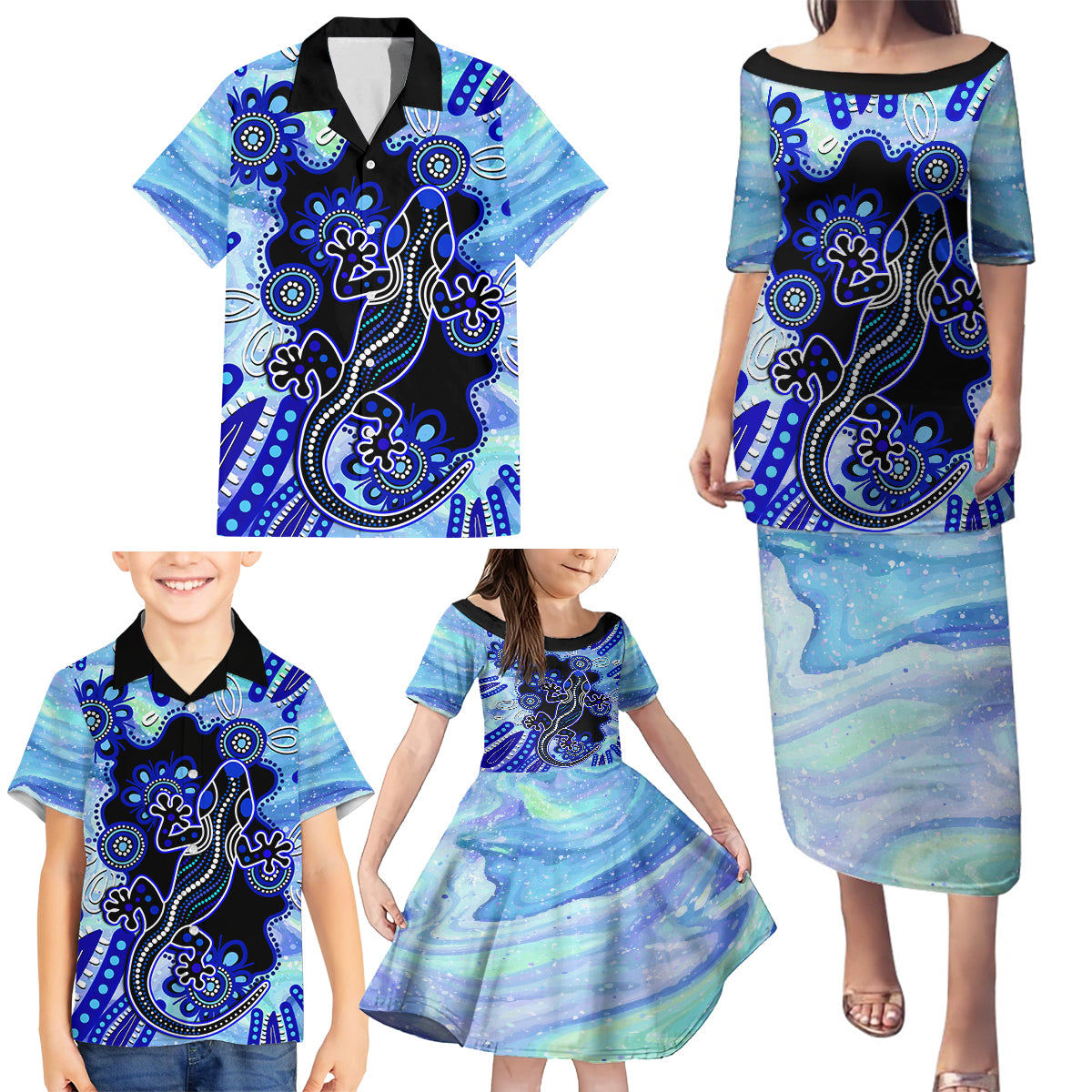 australia-family-matching-puletasi-dress-and-hawaiian-shirt-aussie-opal-pattern-with-lizard-aboriginal-art-turquoise